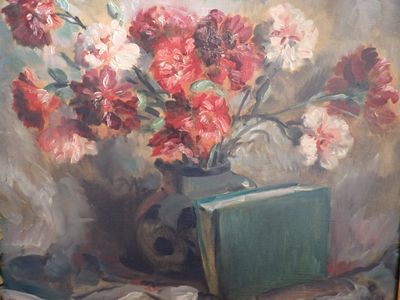 une peinture de fleurs dans un vase sur une table