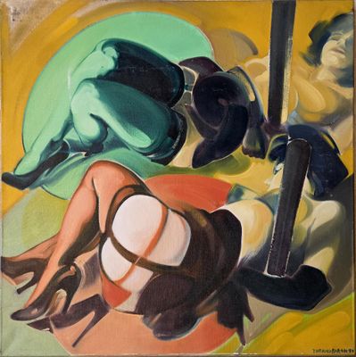 painting of a woman laying on the ground next to a bottle of wine