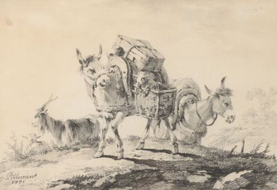 un dessin représentant un homme à cheval, avec une selle chargée