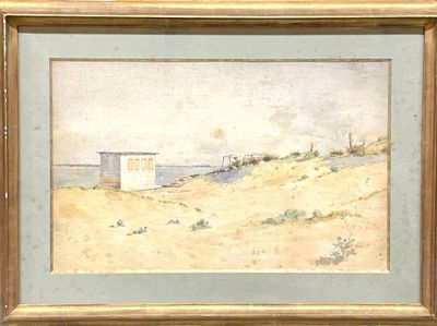 a picture of a painting of a beach hut in the sand