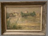 an image of a painting of a river with buildings in the background