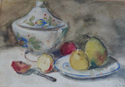 a painting of apples and pears on a plate