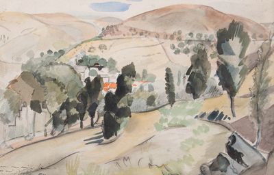 une image représentant un tableau représentant un paysage avec des arbres et des collines