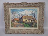 an oil painting of a house with a thatched roof in a frame