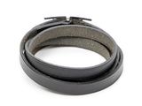 black leather wrap bracelet with silver clasp on a white background