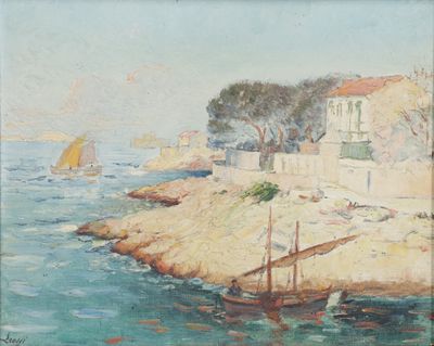 a painting of a boat on the water near a shore