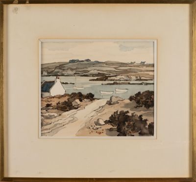 an image of a watercolor painting of a landscape with a boat