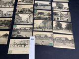 several old black and white photographs of buildings and people on a street