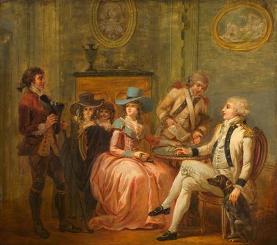 peinture d'un groupe de personnes assises autour d'une table dans une pièce