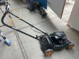 un petit garçon qui joue avec une tondeuse à gazon