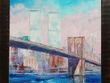 an oil painting of a bridge over a body of water with buildings in the background