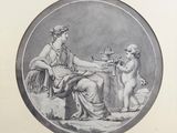 an old drawing of a woman sitting on a chair with a child