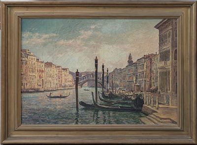 une peinture à l'huile représentant un canal avec des gondoles et un pont