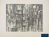 abstract painting of grey and white lines on a white background