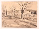 drawing of a landscape with trees and a person walking down a dirt road