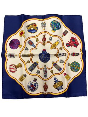 blue and white silk scarf with a picture of various objects