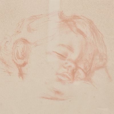 dessin représentant la tête d'un bébé, réalisé à la craie rouge sur une feuille de papier