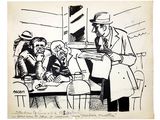 drawing of a waiter serving a group of people at a table