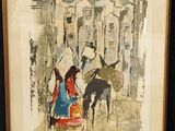 painting of a woman and a horse in a city with buildings