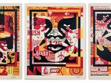 three paintings of cats with different colors and designs on them