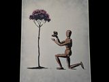 a drawing of a man kneeling next to a tree