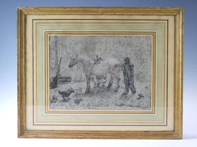 une image représentant un dessin d'un homme et d'un cheval dans un champ