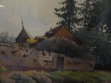 a picture of a painting of a house in a field