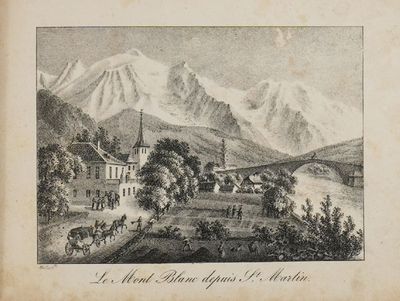 dessin représentant une vue d'un village avec un pont et des montagnes en arrière-plan