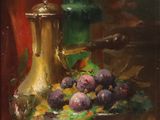 painting of a still life with a bowl of plums and a vase