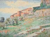 an oil painting of a hill with a village on top of it