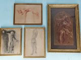 four framed drawings of a man and a woman on a blue wall