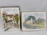 deux aquarelles représentant des maisons et des bateaux sur un fond blanc