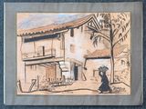 dessin représentant une femme marchant dans la rue avec un parapluie