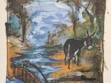 painting of a cow by a river with a bridge in the foreground
