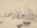 dessin représentant une scène de port avec des bateaux et des personnes marchant sur le quai