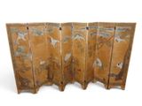 an image of a room divider with birds and flowers painted on it