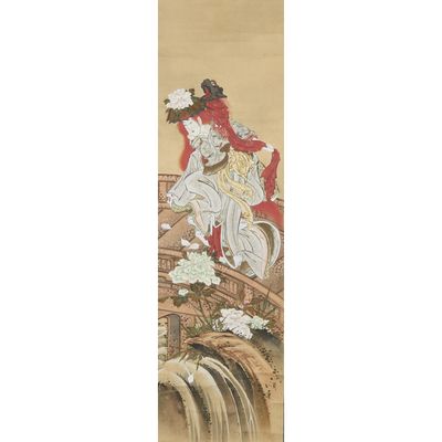 an oriental painting of a woman riding a horse over a waterfall