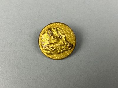 a close up of a gold coin with a dog ' s head on it