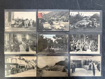 several old black and white photos of people and vehicles on a table