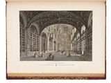 un vieux livre sur lequel figure le dessin d'une bibliothèque où se trouvent des personnes