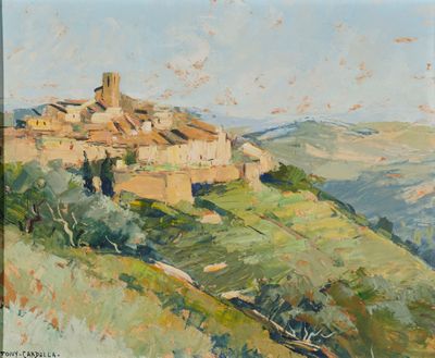 une peinture à l'huile représentant un village situé sur une colline, avec des collines en arrière-plan