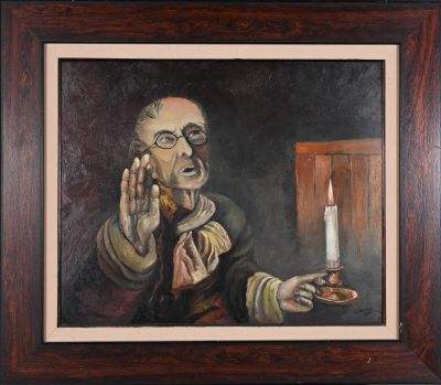 painting of an old man holding a lit candle in front of his face