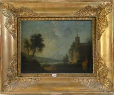 tableau représentant un paysage avec un château au loin et une rivière au premier plan