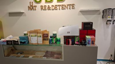 a picture of a counter with a lot of items on it