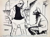 drawing of a man sitting on a chair talking to a man in a hat