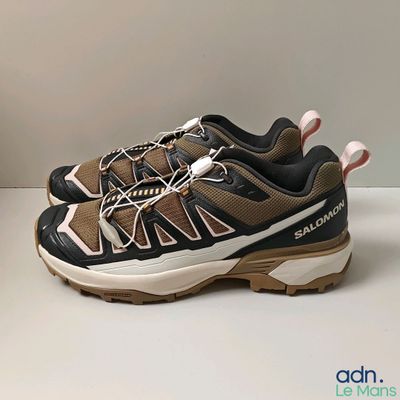 La chaussure est marron et noire, avec des touches de rose sur la semelle.