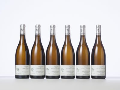 six bouteilles de vin blanc alignées