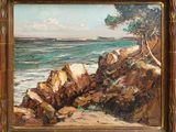 an oil painting of a rocky shore with a tree on it