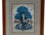 tableau représentant un homme coiffé d'un chapeau et accompagné d'un chien dans un champ
