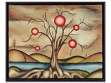 un tableau représentant un arbre sur lequel sont accrochées des pommes rouges